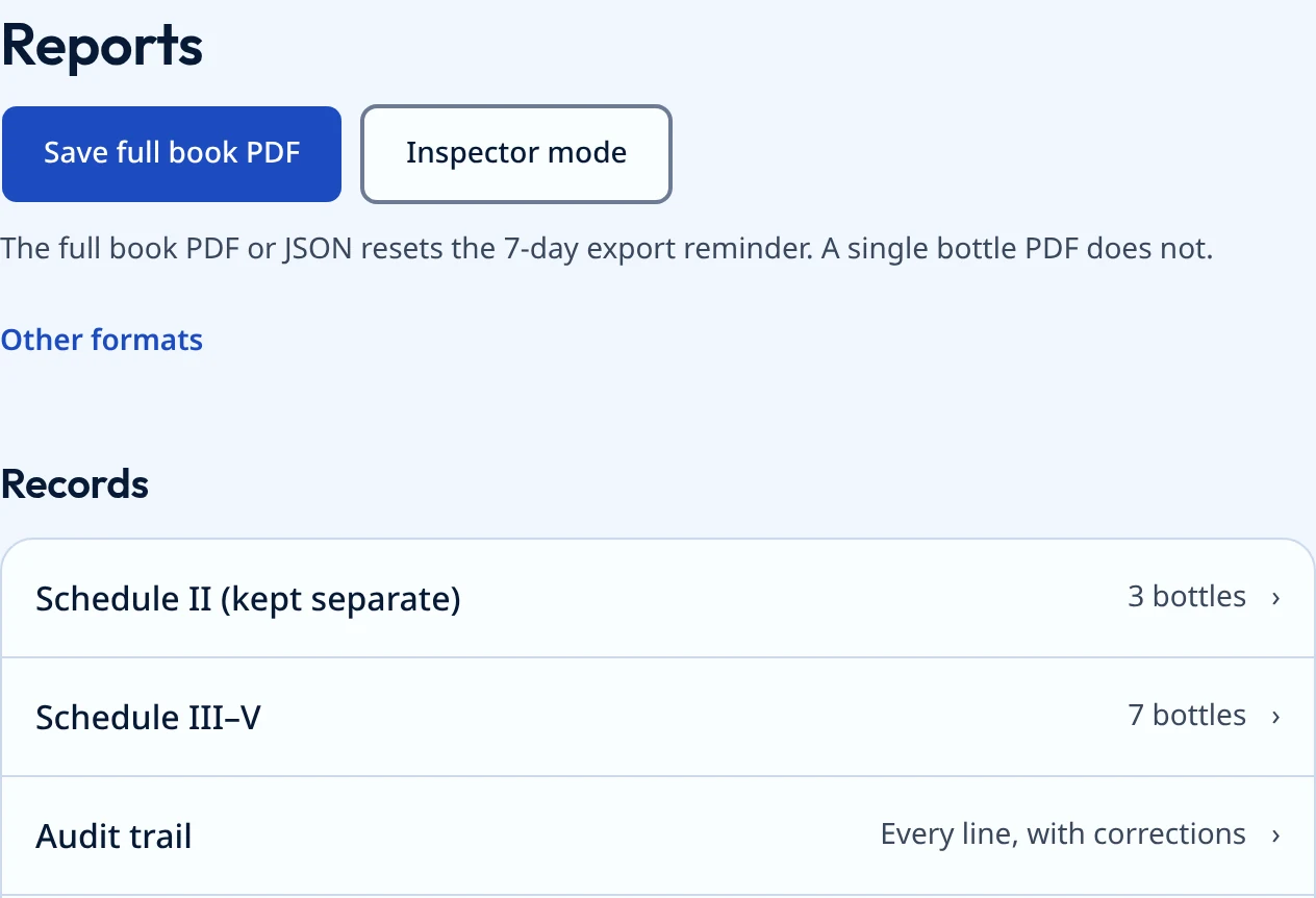 The Reports screen in the sample clinic: the export buttons and the first three rows of the Records list.